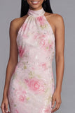 Glinsterende witte roze bloemen Bodycon geprinte bloemenjurk met pailletten
