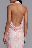 Glinsterende witte roze bloemen Bodycon geprinte bloemenjurk met pailletten