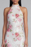 Glinsterende witte roze bloemen Bodycon geprinte bloemenjurk met pailletten