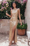 Glinsterende gouden bodycon halter halshals Maxi pailletten jurk met split