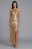 Glinsterende gouden bodycon halter halshals Maxi pailletten jurk met split