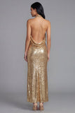 Glinsterende gouden bodycon halter halshals Maxi pailletten jurk met split