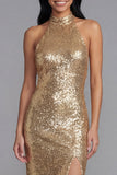 Glinsterende gouden bodycon halter halshals Maxi pailletten jurk met split