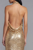 Glinsterende gouden bodycon halter halshals Maxi pailletten jurk met split