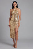 Glitterende halterhals gouden bodycon rugloze midi pailletten jurk met split