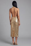 Glitterende halterhals gouden bodycon rugloze midi pailletten jurk met split