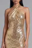 Glitterende halterhals gouden bodycon rugloze midi pailletten jurk met split