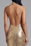 Glitterende halterhals gouden bodycon rugloze midi pailletten jurk met split