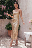 Glinsterende gouden Bodycon Spaghetti Straps Midi jurk met pailletten
