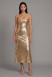 Glinsterende gouden Bodycon Spaghetti Straps Midi jurk met pailletten