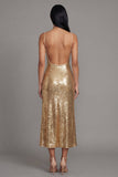 Glinsterende gouden Bodycon Spaghetti Straps Midi jurk met pailletten