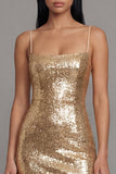 Glinsterende gouden Bodycon Spaghetti Straps Midi jurk met pailletten