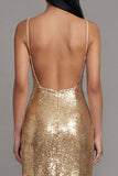 Glinsterende gouden Bodycon Spaghetti Straps Midi jurk met pailletten