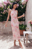Glinsterende roze tule halter halshals bodycon midi bloemenjurk met split