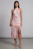 Glinsterende roze tule halter halshals bodycon midi bloemenjurk met split