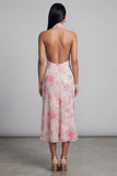 Glinsterende roze tule halter halshals bodycon midi bloemenjurk met split