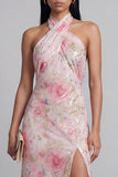 Glinsterende roze tule halter halshals bodycon midi bloemenjurk met split