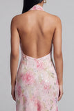 Glinsterende roze tule halter halshals bodycon midi bloemenjurk met split