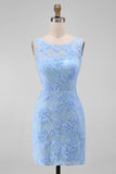 Blauwe tule ronde hals bodycon mini bloemenjurk met kanten applicaties