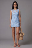 Blauwe tule ronde hals bodycon mini bloemenjurk met kanten applicaties