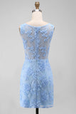 Blauwe tule ronde hals bodycon mini bloemenjurk met kanten applicaties