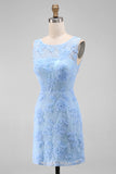 Blauwe tule ronde hals bodycon mini bloemenjurk met kanten applicaties