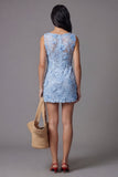 Blauwe tule ronde hals bodycon mini bloemenjurk met kanten applicaties