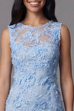 Blauwe tule ronde hals bodycon mini bloemenjurk met kanten applicaties