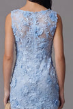 Blauwe tule ronde hals bodycon mini bloemenjurk met kanten applicaties
