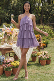 Witte roze bloemen chiffon halter hals A-lijn bedrukte gelaagde bloemen minijurk