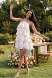 Witte roze bloemen chiffon halter hals A-lijn bedrukte gelaagde bloemen minijurk