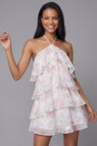 Witte roze bloemen chiffon halter hals A-lijn bedrukte gelaagde bloemen minijurk