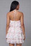 Witte roze bloemen chiffon halter hals A-lijn bedrukte gelaagde bloemen minijurk