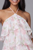 Witte roze bloemen chiffon halter hals A-lijn bedrukte gelaagde bloemen minijurk