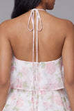 Witte roze bloemen chiffon halter hals A-lijn bedrukte gelaagde bloemen minijurk