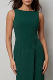 Bateau hals donkergroene bodycon lange werkjurk met split