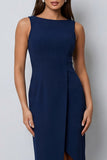 Bateau hals donkergroene bodycon lange werkjurk met split