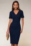 Bodycon marineblauwe V-hals korte mouwen midi werkjurk met split