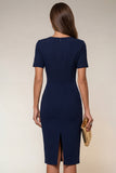 Bodycon marineblauwe V-hals korte mouwen midi werkjurk met split