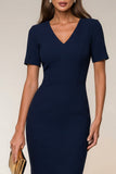 Bodycon marineblauwe V-hals korte mouwen midi werkjurk met split
