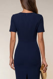 Bodycon marineblauwe V-hals korte mouwen midi werkjurk met split