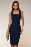 Navy vierkante hals bodycon midi werkjurk