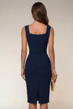Navy vierkante hals bodycon midi werkjurk