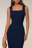 Navy vierkante hals bodycon midi werkjurk