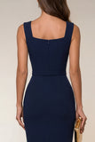 Navy vierkante hals bodycon midi werkjurk