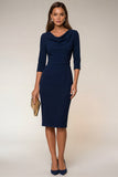 Cowl neck Navy Bodycon 3/4 mouwen midi werkjurk met split