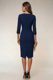 Cowl neck Navy Bodycon 3/4 mouwen midi werkjurk met split
