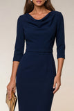 Cowl neck Navy Bodycon 3/4 mouwen midi werkjurk met split