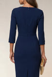 Cowl neck Navy Bodycon 3/4 mouwen midi werkjurk met split