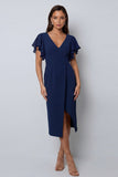 Bodycon marineblauwe fladdermouwen V-hals midi werkjurk met split
